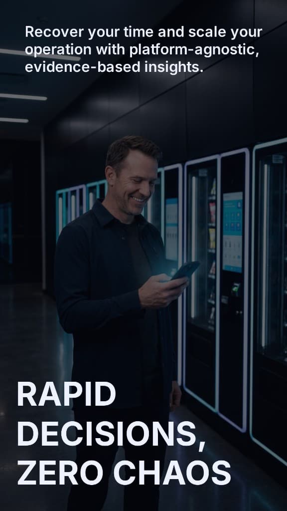 Decision-maker using mobile insights beside a modern vending fleet